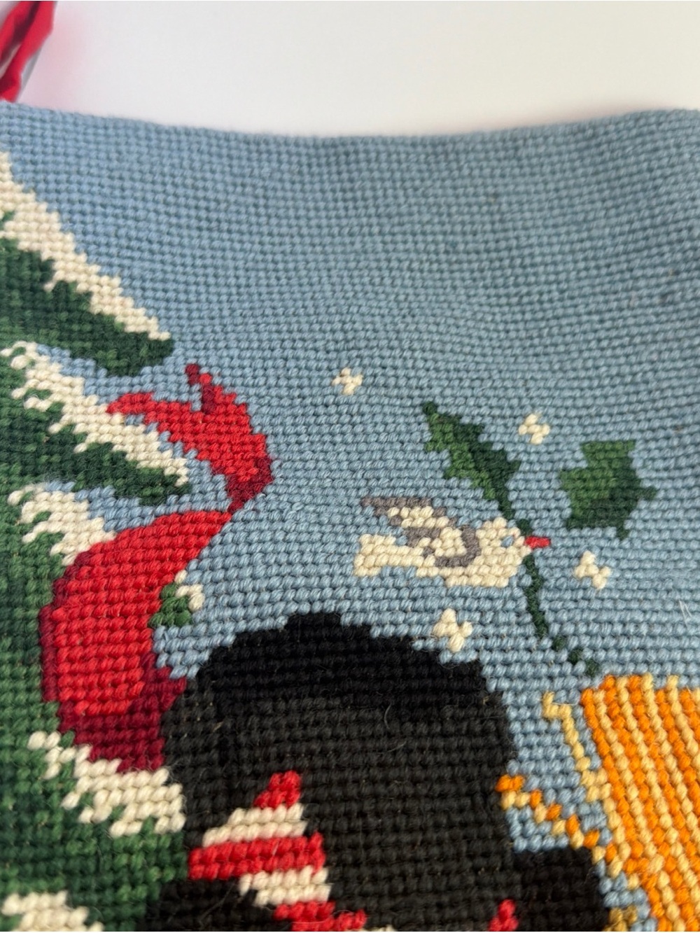 Vintage Wool Needlepoint Christmas Stocking Velvet Let It Snow Snowman - Picture 4 of 15